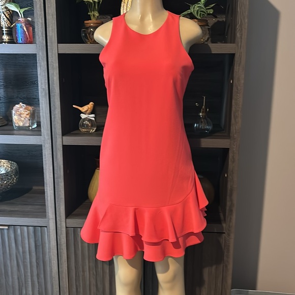 Chelsea28 Tiered Ruffle Hem Sheath Dress in Coral Spice -  size 6 - Picture 4 of 7